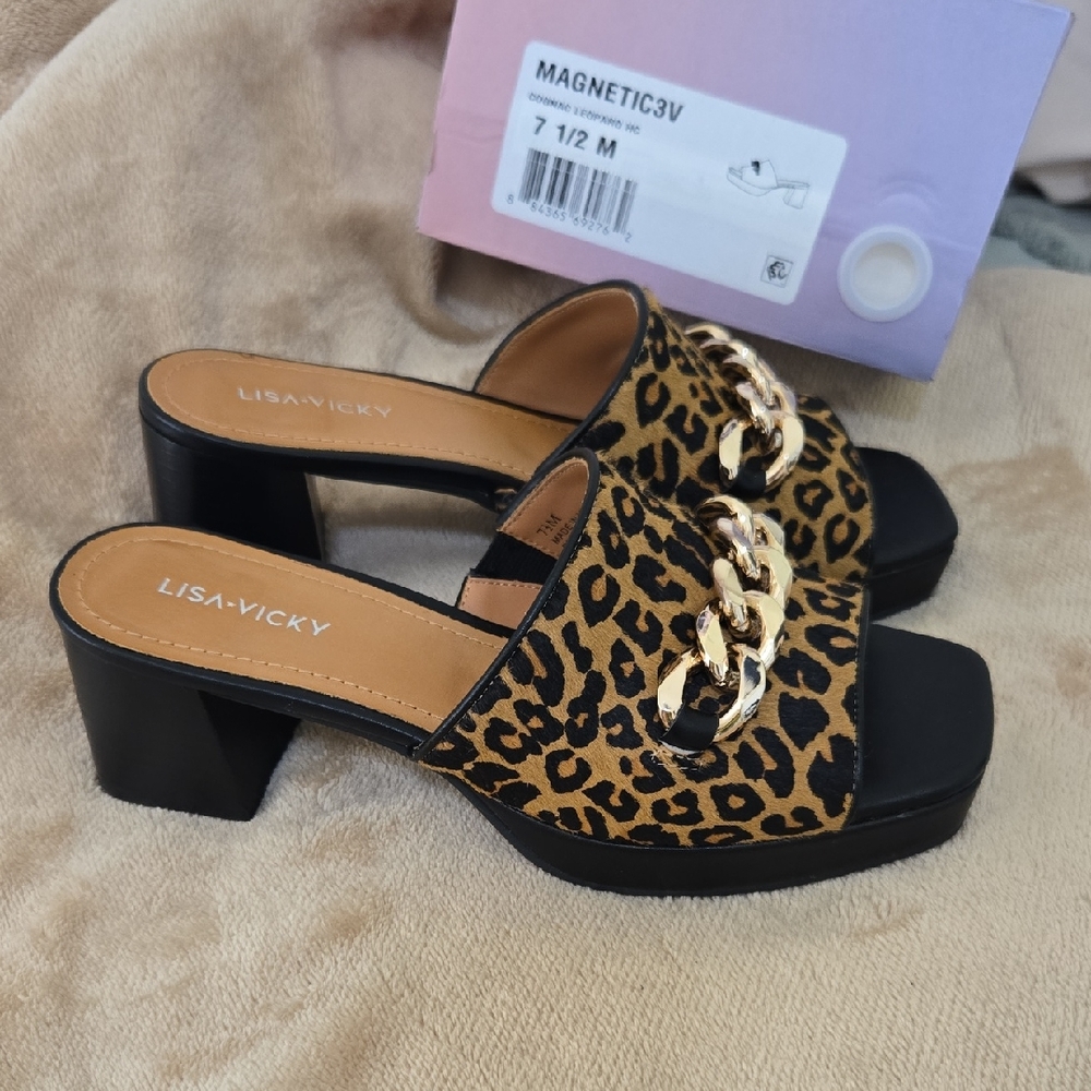 Lisa Vicky Leopard Print Mules with Gold Chain